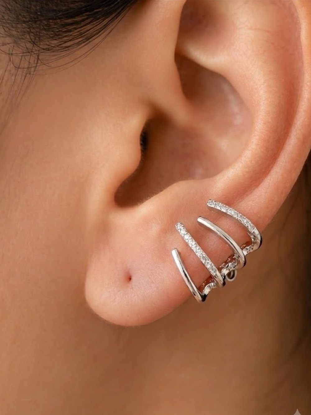 Silver Multi-Row Ear Cuff Studs with Cubic Zirconia
